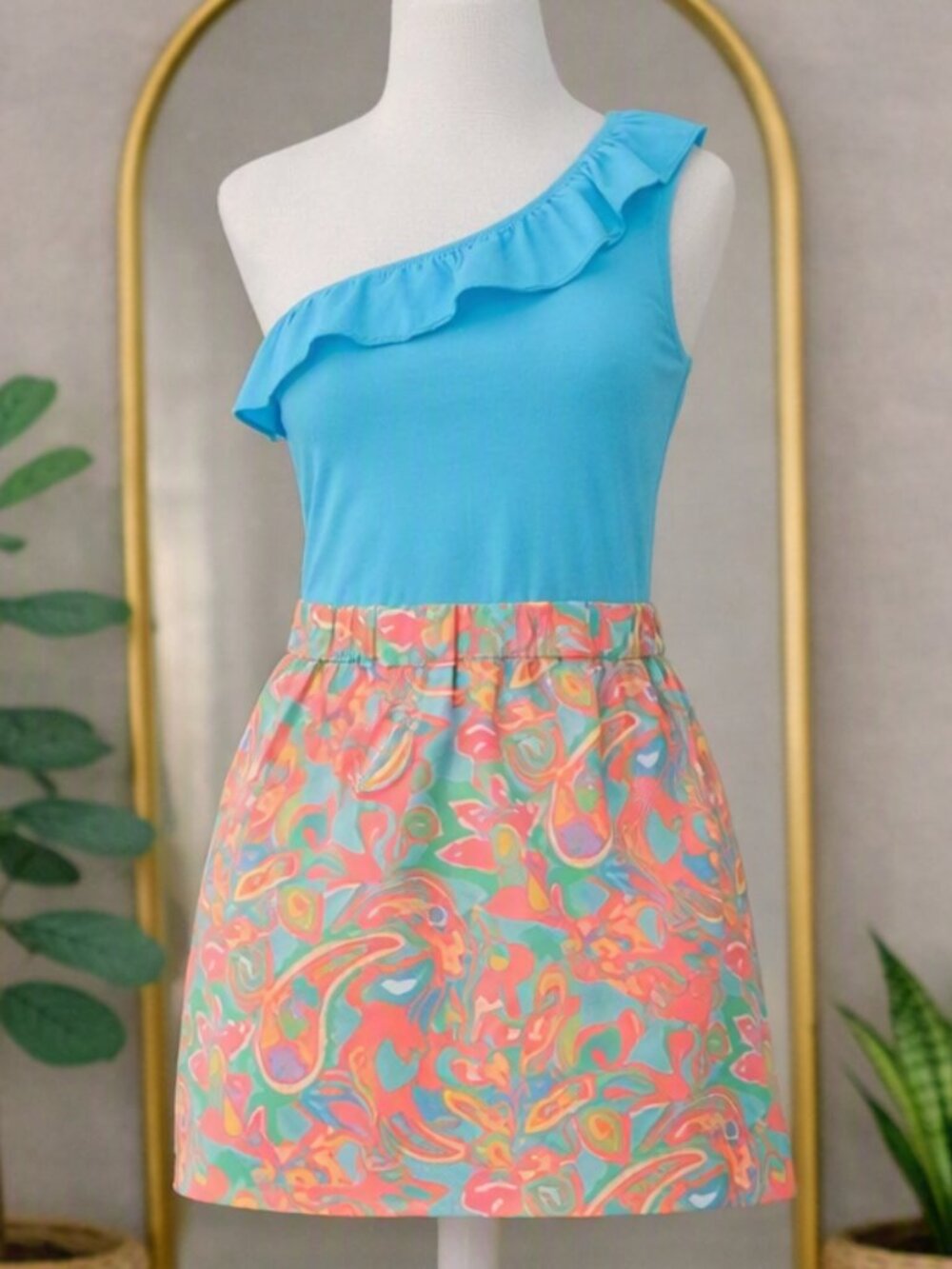 Lilly Pulitzer Dionne Make a Splash Sand Bar Blue One Shoulder Ruffle Dress XS